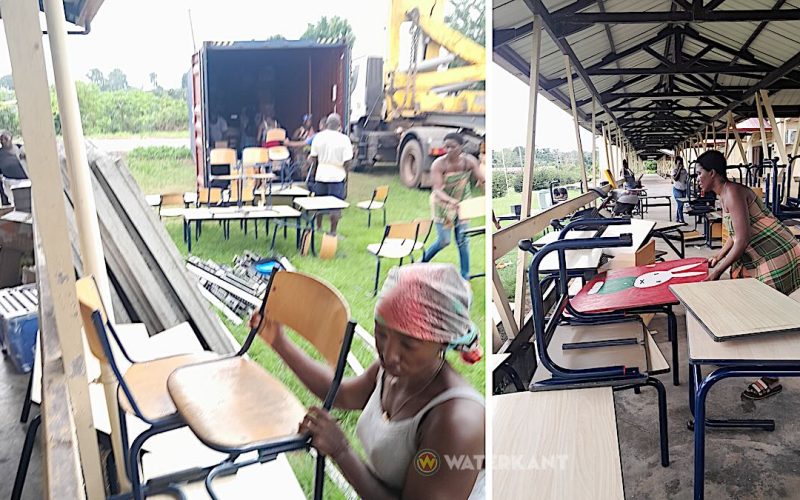 Container met schoolmeubilair uit Nederland aangekomen in Atjoni en Nieuw Aurora.