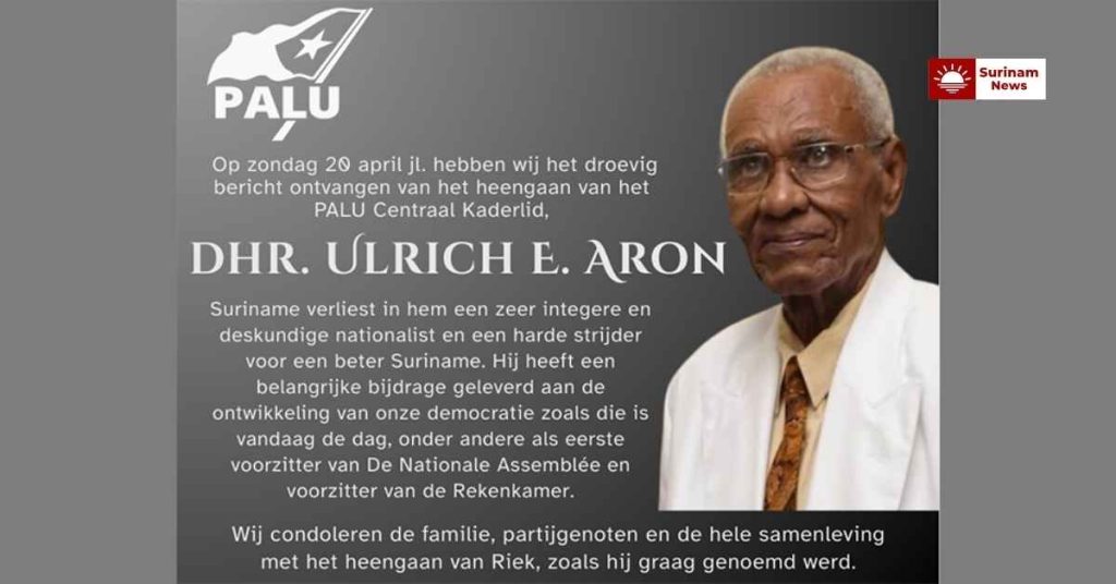 Ulrich 'Riek' Aron, invloedrijke Surinaamse politicus en grondwetmaker, geëerd om zijn bijdrage aan het land