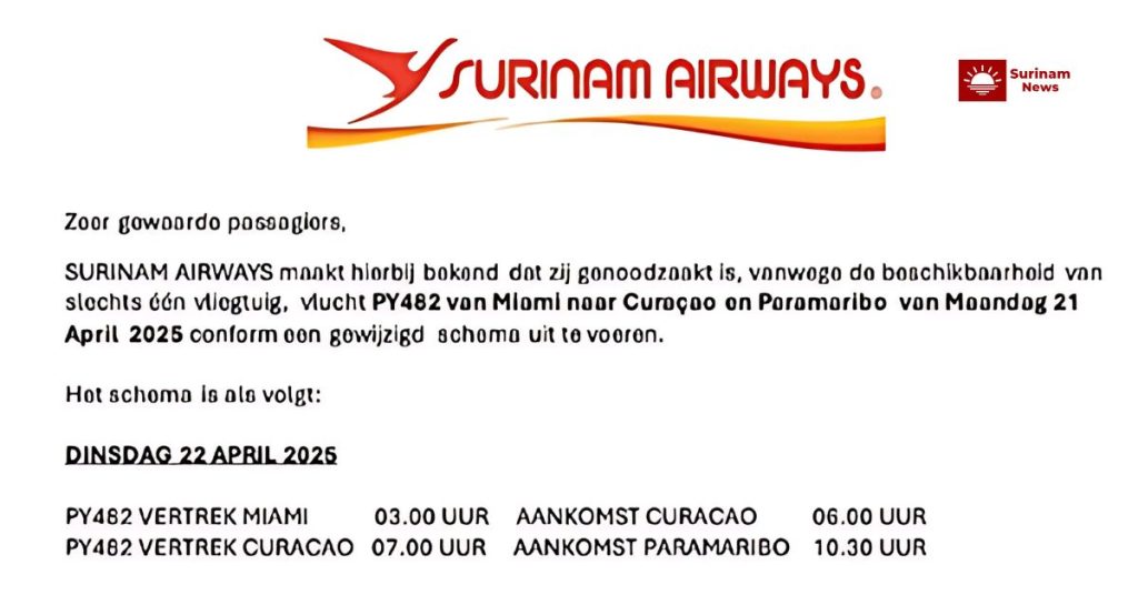 Passagiersinformatie over herstel van vluchten, compensatie en vertragingen bij Surinam Airways.