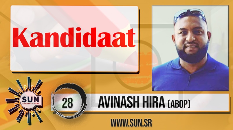 Portret van Avinash Hira, DNA-kandidaat voor Saramacca op nummer 28 van de ABOP-lijst voor de verkiezingen van 25 mei 2025.