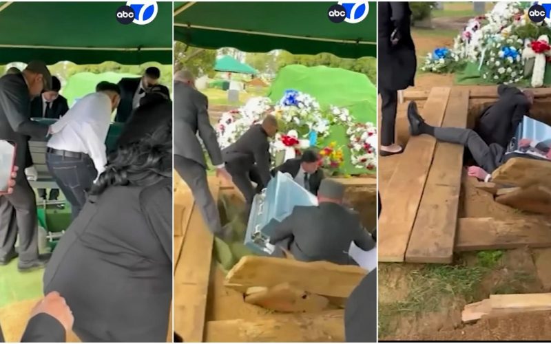Dragers storten met kist in graf tijdens de uitvaart.
