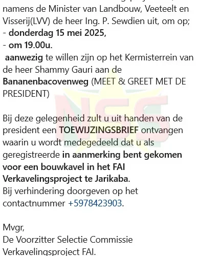 Santokhi verstrekt vanavond 1000 kavels aan FAI-project geregistreerden