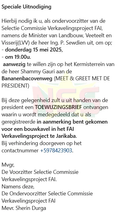 Toewijzing van 1000 Kavels aan Geregistreerden van FAI in Saramacca