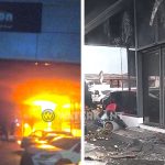 Verwoeste kantoorruimte van Carvision in Suriname na nachtelijke brand, onderzoek naar oorzaak gaande.