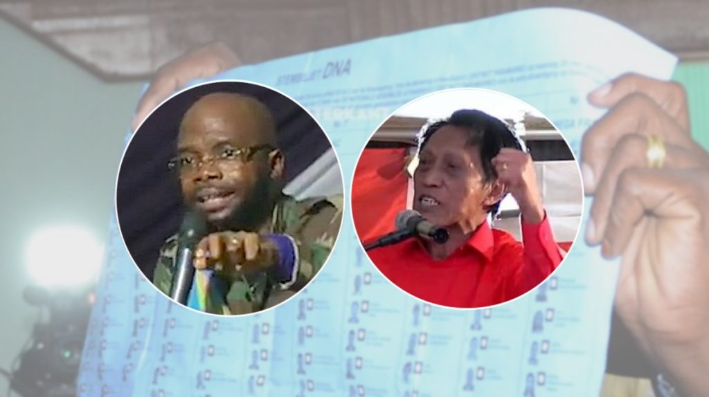 Politieke campagne in Suriname met protestbord tegen ongefundeerde beschuldigingen van verkiezingsfraude door bekende politici.
