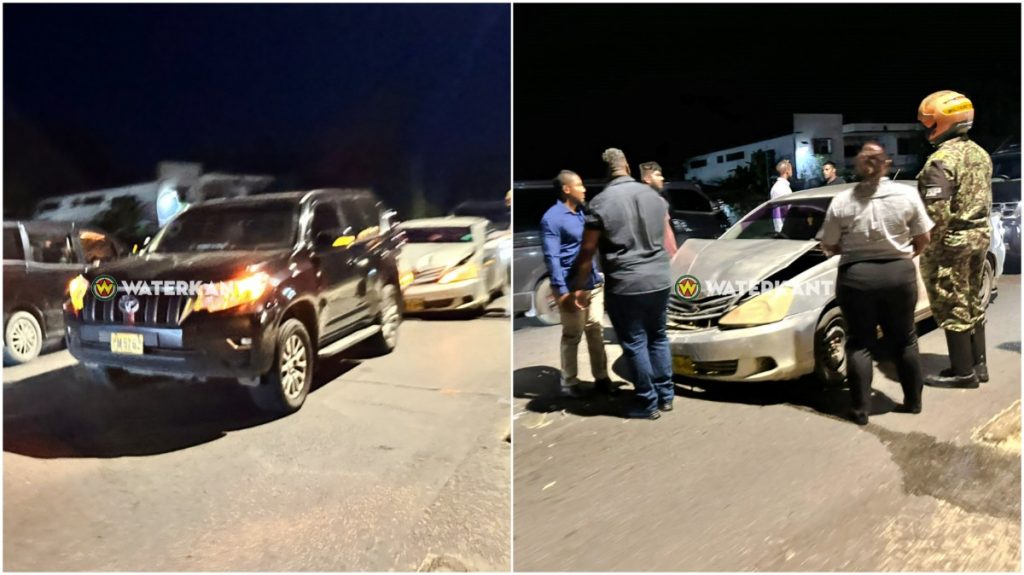 Presidentiële colonne in Suriname op de Indira Gandhiweg na botsing met personenauto.