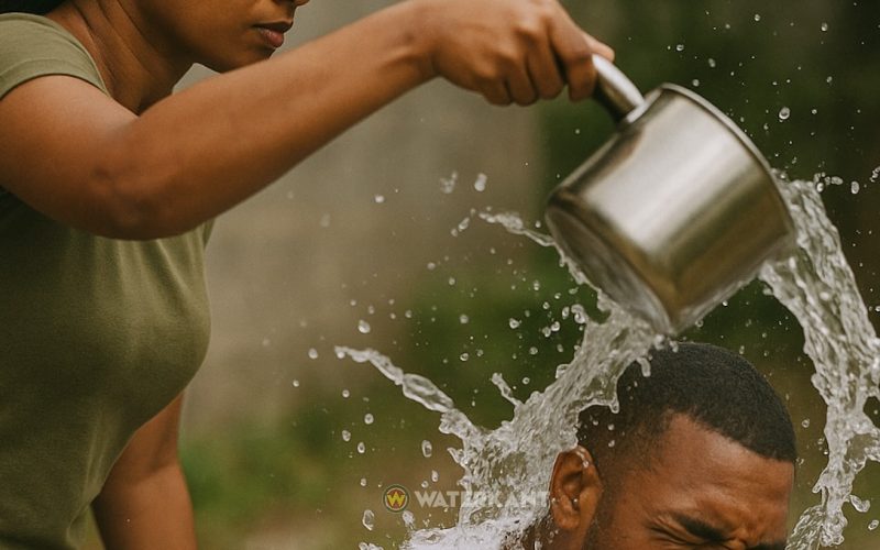 Vrouwelijke rekrute werpt kokend water op ex-vriend